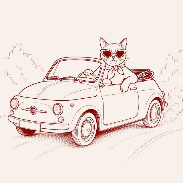Animated line drawing of a cat in sunglasses driving a small convertible