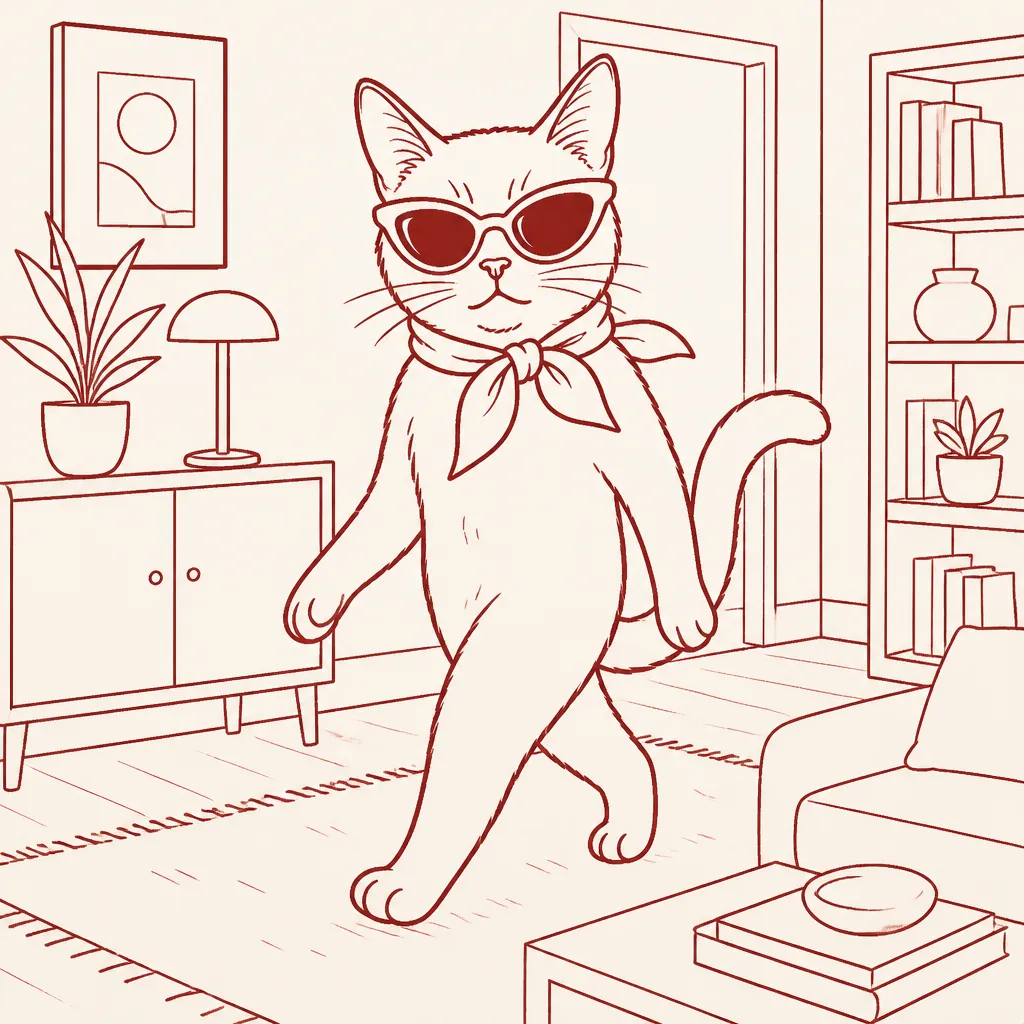 Hand-drawn maroon line illustration of a cat in cat-eye sunglasses and a neckerchief strolling through a living room