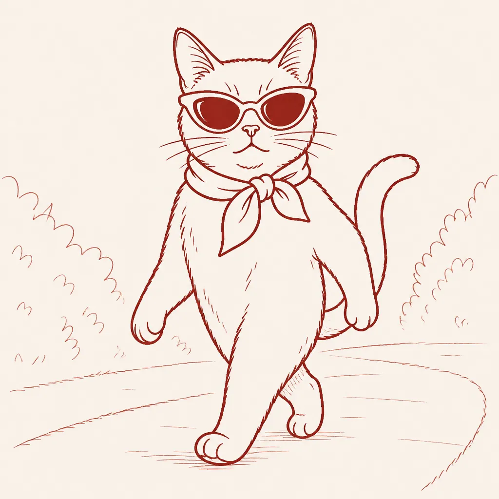 Hand-drawn maroon line illustration of a cat in sunglasses and a neckerchief walking down a garden path